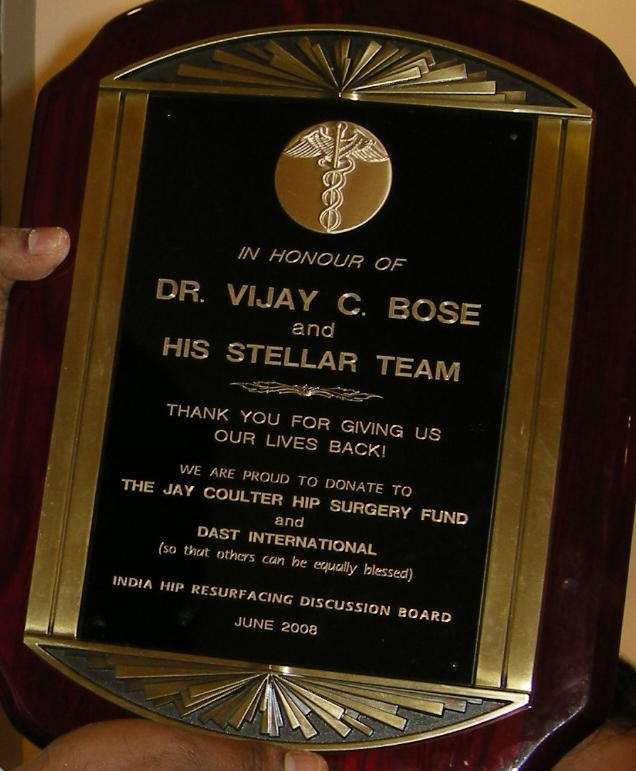 Plaque presented to Dr. Bose in appreciation of his service 2008