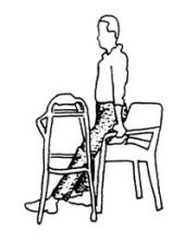To stand, scoot forward in the chair with your operated let out in front of you. Use both arms to push yourself up to standing, then reach for walker.