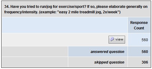 34. Have you tried to run/jog for exercise/sport? If so, please elaborate generally on frequency/intensity. (example: "easy 2 mile treadmill jog, 2x/week")